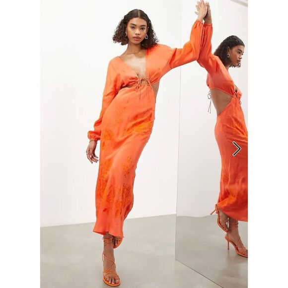 ASOS EDITION Long Sleeve Tonal Floral Embroidered Midi Dress in Bright Orange Si - Picture 1 of 12